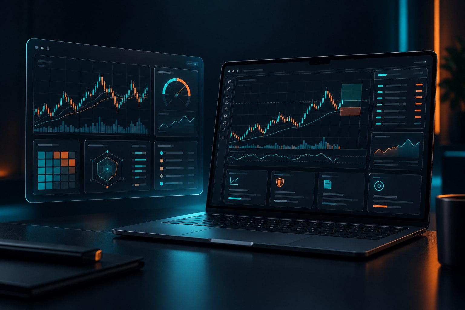 Painéis de indicadores, gráficos e gestão de risco em uma estação de trading